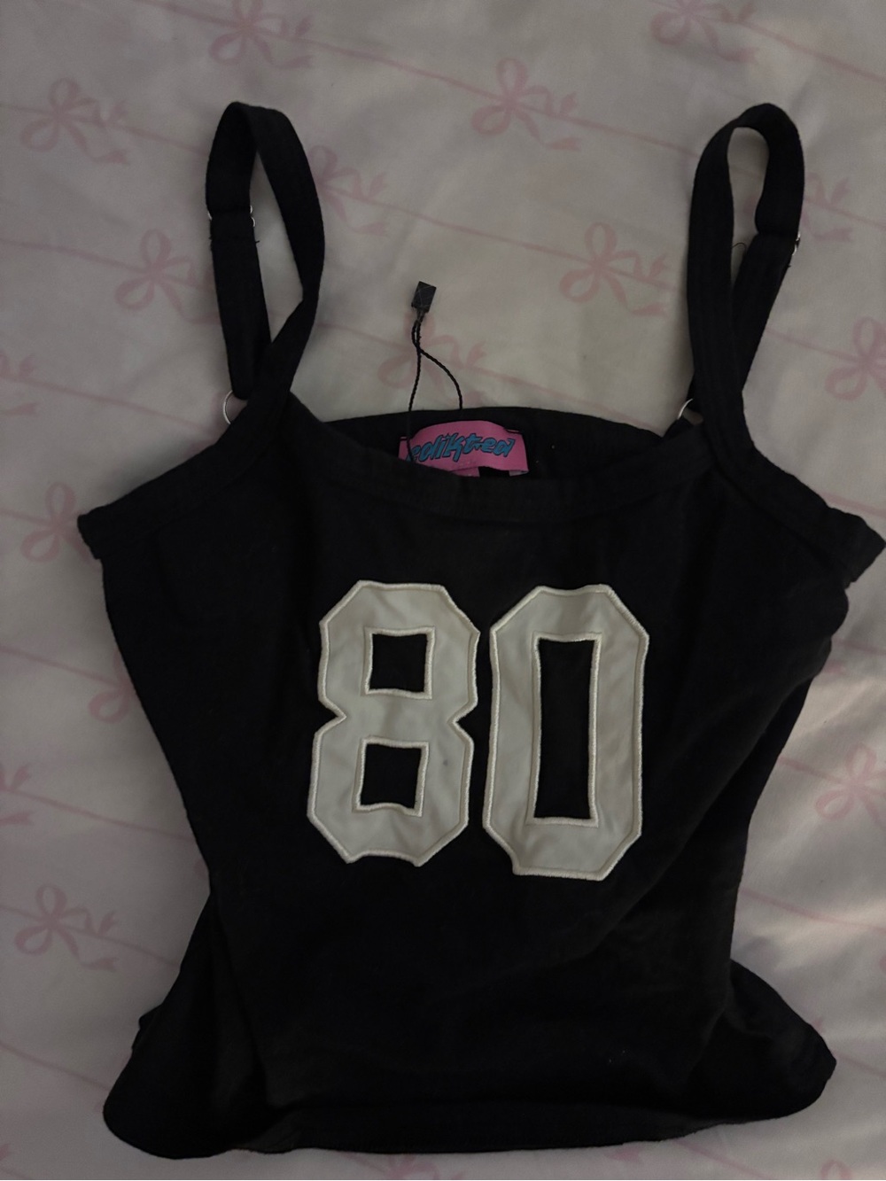 Edikted Black Spaghetti Strap Tank with White '80' Applique